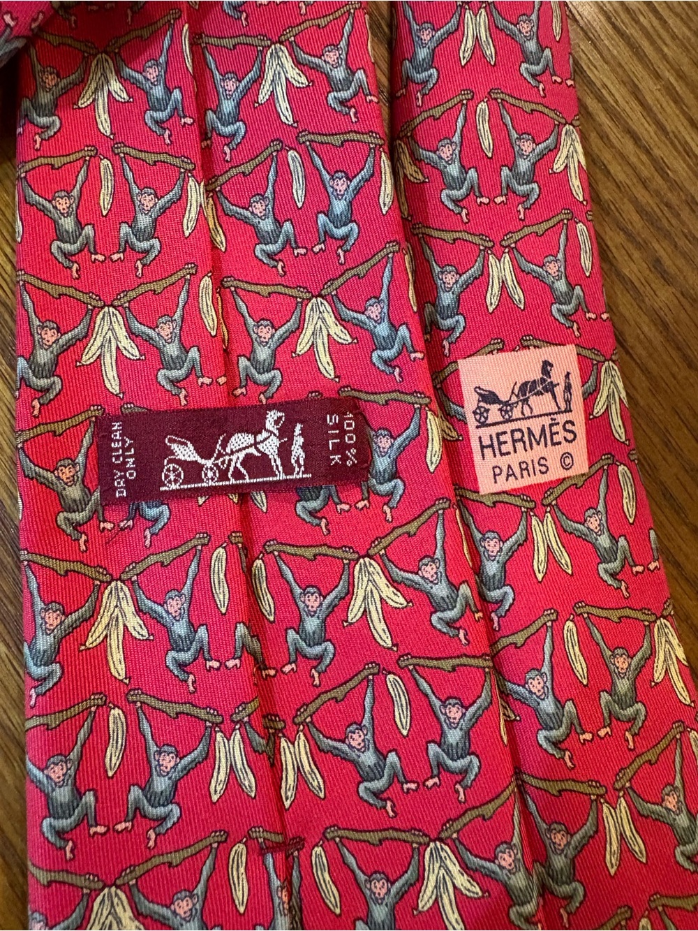 Hermes Pink Red Monkey & Banana Silk Tie
